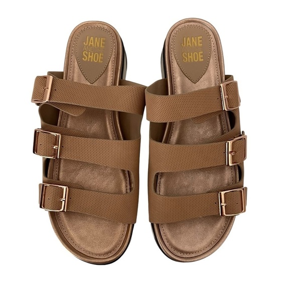 Jane and the Shoe Sandals Womens Size 7.5 Nola Rose Gold Slip On Buckle Platform - Picture 1 of 11